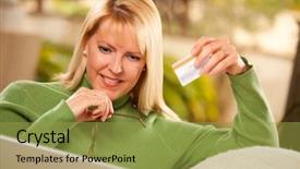  Presentation with electronic card - Amazing slides having electronic banking - beautiful woman with credit card backdrop and a  colored foreground