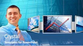  Presentation with business - Presentation with electronic banking - happiness business man on business background and a  colored foreground