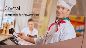  Presentation with electronic card - Beautiful PPT layouts featuring electronic banking - image of handsome chef inserting backdrop and a coral colored foreground