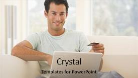  Presentation with electronic card - Audience pleasing PPT theme consisting of electronic banking - man in living room using backdrop and a  colored foreground