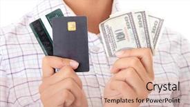  Presentation with electronic card - Colorful presentation enhanced with electronic banking - woman with a credit card backdrop and a coral colored foreground