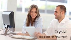  Presentation with business training - Slide deck enhanced with electronic business - young adults in training course background and a soft green colored foreground