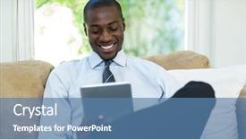  Presentation with using digital tablet - Audience pleasing PPT layouts consisting of electronic business - young man sitting on sofa backdrop and a  colored foreground