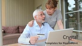  Presentation with online shopping - Slide deck enhanced with electronic card - senior couple doing online shopping background and a  colored foreground
