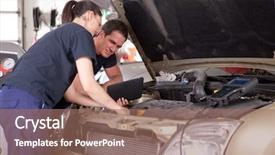  Presentation with digital car - Theme enhanced with electronic cars - man and woman team background and a coral colored foreground