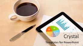  Presentation with cup coffee - Presentation theme consisting of electronic cigarette - workplace with tablet pc showing background and a coral colored foreground