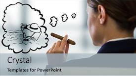  Presentation with cigar - Slide set consisting of electronic cigars - business woman over shoulder background and a light gray colored foreground