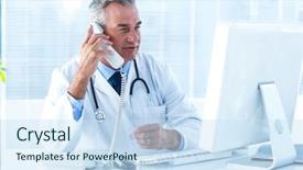  Presentation with telephone - Beautiful PPT theme featuring electronic communication - male doctor in conversation backdrop and a sky blue colored foreground