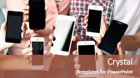  Presentation with electronic communication - Colorful presentation theme enhanced with electronic communication - many hands holding mobile phones backdrop and a red colored foreground