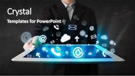  Presentation with electronic communication - PPT layouts having electronic communication - person holding a white tablet background and a dark gray colored foreground