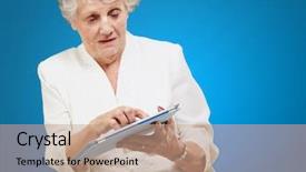  Presentation with ipad - Amazing theme having electronic communication - senior woman using ipad isolated backdrop and a coral colored foreground