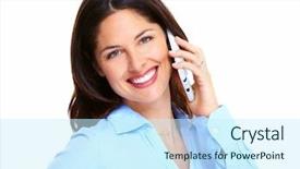  Presentation with electronic communication - Cool new PPT layouts with electronic communication - woman with a cell phone backdrop and a cool aqua colored foreground