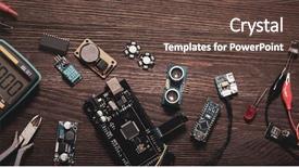  Presentation with electronic components - Colorful PPT theme enhanced with electronic components on a wooden backdrop and a tawny brown colored foreground