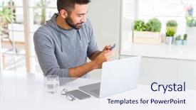  Presentation with online payment - Cool new PPT layouts with electronic cooling - handsome man smiling using credit backdrop and a sky blue colored foreground