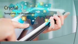 Presentation with hold hand - Audience pleasing PPT theme consisting of electronic devices - social networking concept hand hold backdrop and a seafoam green colored foreground