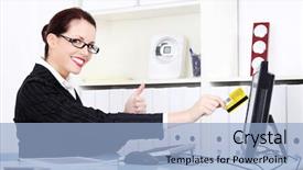  Presentation with business card - Presentation theme consisting of electronic fund transfer - business woman is holding credit background and a light blue colored foreground