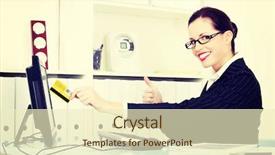  Presentation with cyber credit card crime - Beautiful presentation theme featuring electronic fund transfer - business woman with credit card backdrop and a cream colored foreground