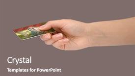  Presentation with electronic card - Amazing PPT theme having electronic fund transfer - female hand holding a general backdrop and a gray colored foreground