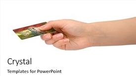  Presentation with electronic card - Presentation theme with electronic fund transfer - female hand holding general credit background and a  colored foreground
