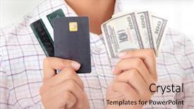  Presentation with electronic card - Amazing PPT theme having electronic fund transfer - woman with a credit card backdrop and a coral colored foreground