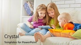  Presentation with behaviors children - PPT theme featuring electronic game - happy children holding digital tablet background and a mint green colored foreground