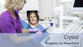  Presentation with electronic health records - Cool new PPT theme with electronic health records - assistant showing report to smiling backdrop and a light blue colored foreground