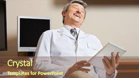  Presentation with electronic health records - Cool new presentation with electronic health records - cheerful mature male doctor holding backdrop and a tawny brown colored foreground