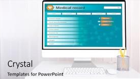  Presentation with electronic health records - PPT theme with electronic health records - doctor workplace background and a light gray colored foreground