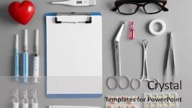  Presentation with medicines - Beautiful slide deck featuring electronic injection - doctor table with medical items backdrop and a light gray colored foreground
