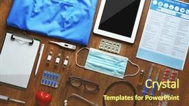  Presentation with medical laptop - Slide set with electronic injection - doctor table with medical items background and a tawny brown colored foreground