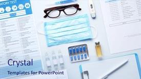  Presentation with injection - Slide deck featuring electronic injection - doctor table with medical items background and a sky blue colored foreground