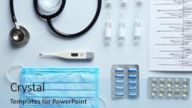 Presentation with injection - PPT theme with electronic injection - doctor table with medical items background and a light blue colored foreground