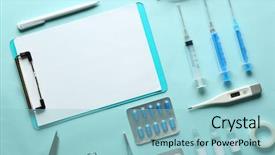  Presentation with injection - PPT layouts featuring electronic injection - doctor table with medical items background and a light blue colored foreground