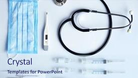  Presentation with injection - Slides featuring electronic injection - doctor table with medical items background and a sky blue colored foreground