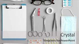  Presentation with injection - Theme consisting of electronic injection - doctor table with medical items background and a light gray colored foreground