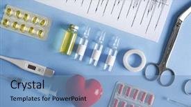 Presentation with medical pills - Beautiful presentation theme featuring electronic injection - doctor table with medical items backdrop and a teal colored foreground