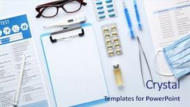  Presentation with medicines - Slides enhanced with electronic injection - doctor table with medicines clipboard background and a sky blue colored foreground