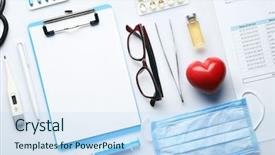  Presentation with medicines - Slide set consisting of electronic injection - doctor table with medicines clipboard background and a sky blue colored foreground