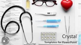  Presentation with medicines - Beautiful PPT layouts featuring electronic injection - doctor table with medicines stethoscope backdrop and a light gray colored foreground