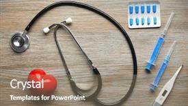  Presentation with medicines - Slide deck consisting of electronic injection - doctor table with medicines background and a coral colored foreground