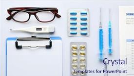  Presentation with medicines - Amazing PPT theme having electronic injection - doctor table with medicines backdrop and a sky blue colored foreground