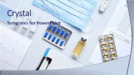  Presentation with medicines - Audience pleasing PPT theme consisting of electronic injection - doctor table with medicines backdrop and a sky blue colored foreground