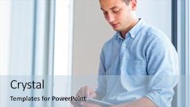  Presentation with tablet - Presentation having electronic library - handsome young man using his background and a light blue colored foreground