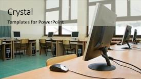  Presentation with school computer labs - Beautiful theme featuring electronic library - school classroom full with computers backdrop and a soft green colored foreground