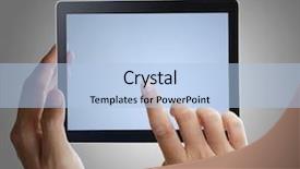  Presentation with electronic - Amazing PPT layouts having electronic media - hand holding a touchpad backdrop and a light blue colored foreground