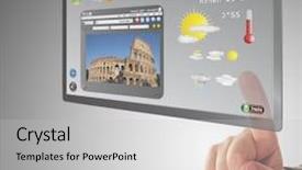  Presentation with information - Cool new slides with electronic media - male hand searching a information backdrop and a light gray colored foreground