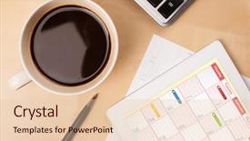  Presentation with electronic - Colorful slides enhanced with electronic media - workplace with tablet pc showing backdrop and a lemonade colored foreground