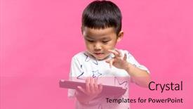  Presentation with tablets wood table tablet white - Colorful slide deck enhanced with baby touching screen - asian little boy play backdrop and a coral colored foreground