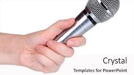  Presentation with silver - Cool new PPT theme with electronic musical instruments - silver microphone in hand isolated backdrop and a sky blue colored foreground