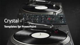  Presentation with vinyl record - Colorful presentation design enhanced with electronic musical instruments - turntable playing vinyl close up backdrop and a  colored foreground